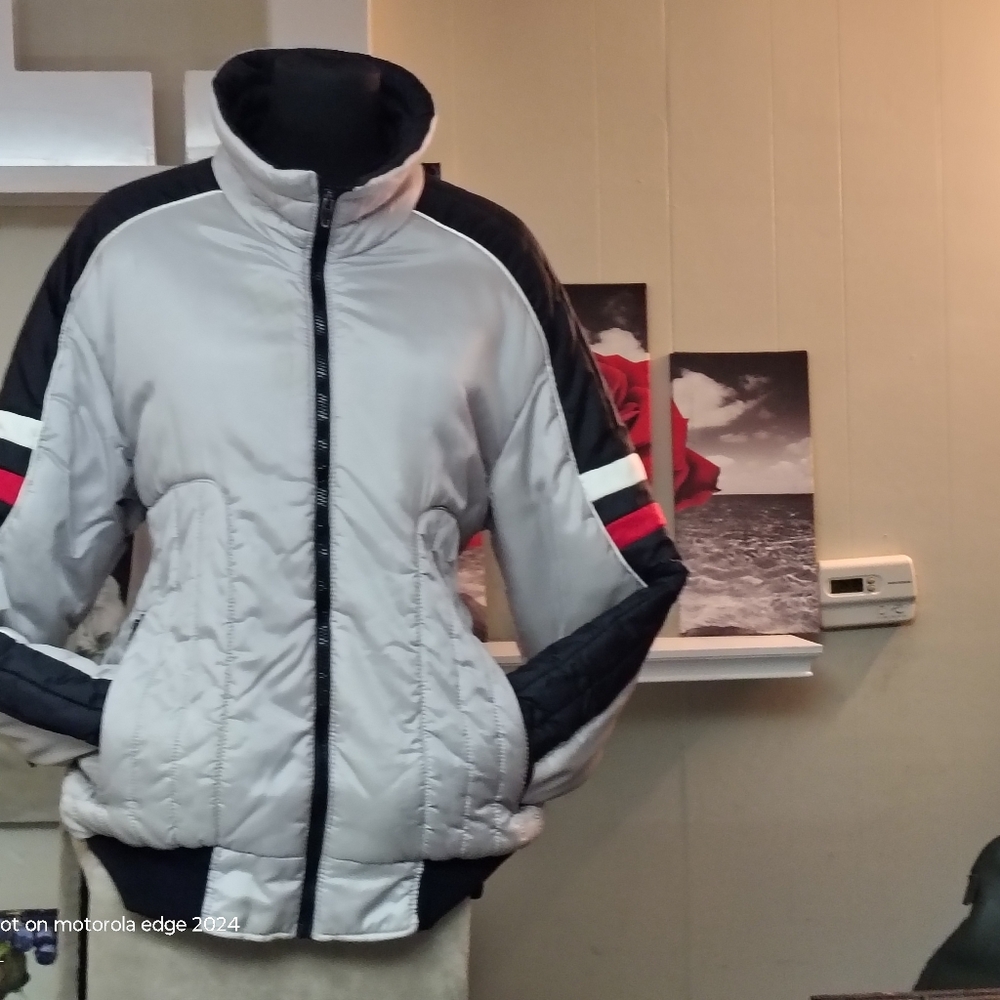 Stylish Gray and Black Jacket with Red Accents